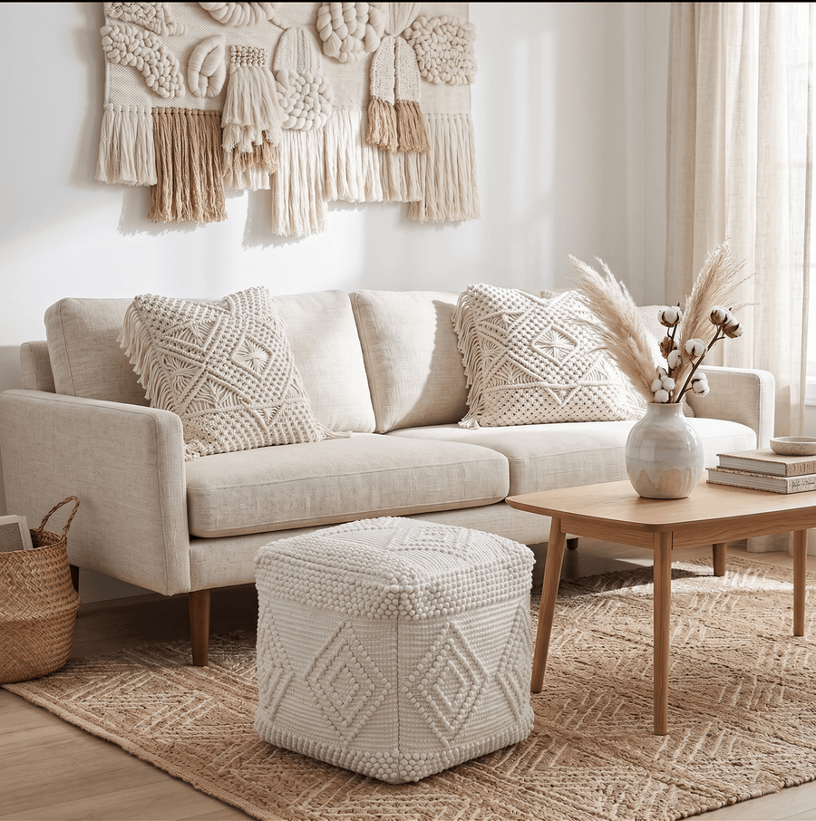 Modern Geometrical Pattern White Hand Woven Wool Pouf - The Rug Decor