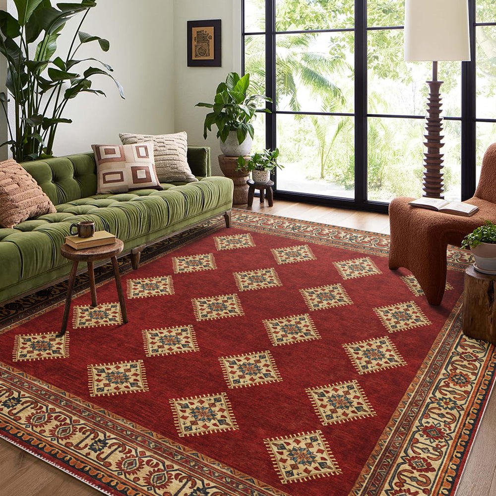 Modern Geometrical Red Machine Washable Cotton Area Rug - The Rug Decor