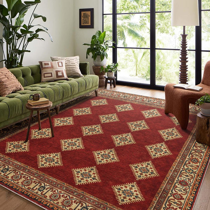 Modern Geometrical Red Machine Washable Cotton Area Rug - The Rug Decor