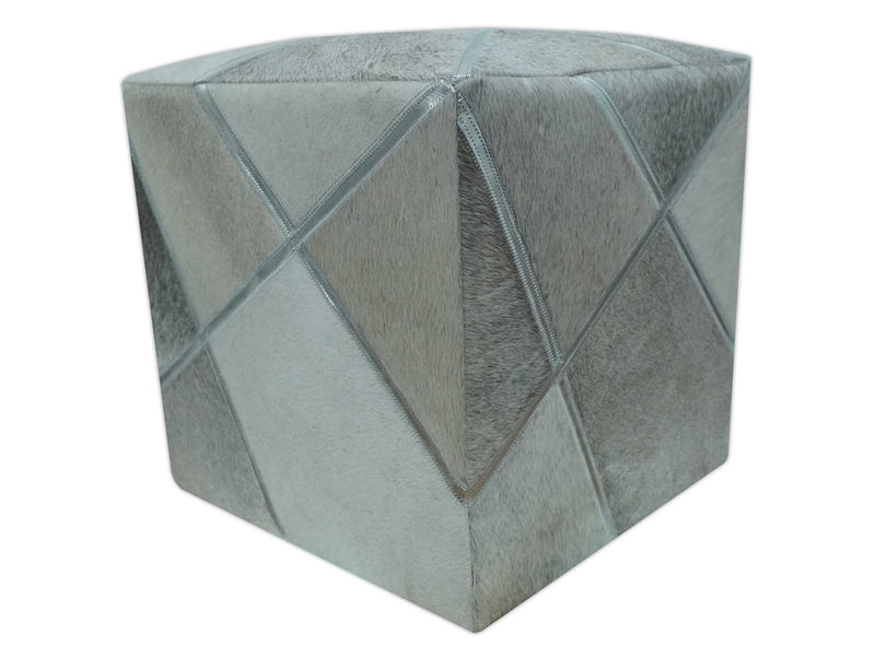 Modern Geometrical Shades of Gray and Ivory Genuine Leather Pouf - The Rug Decor