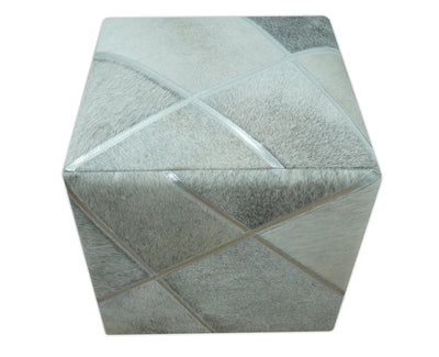 Modern Geometrical Shades of Gray and Ivory Genuine Leather Pouf - The Rug Decor