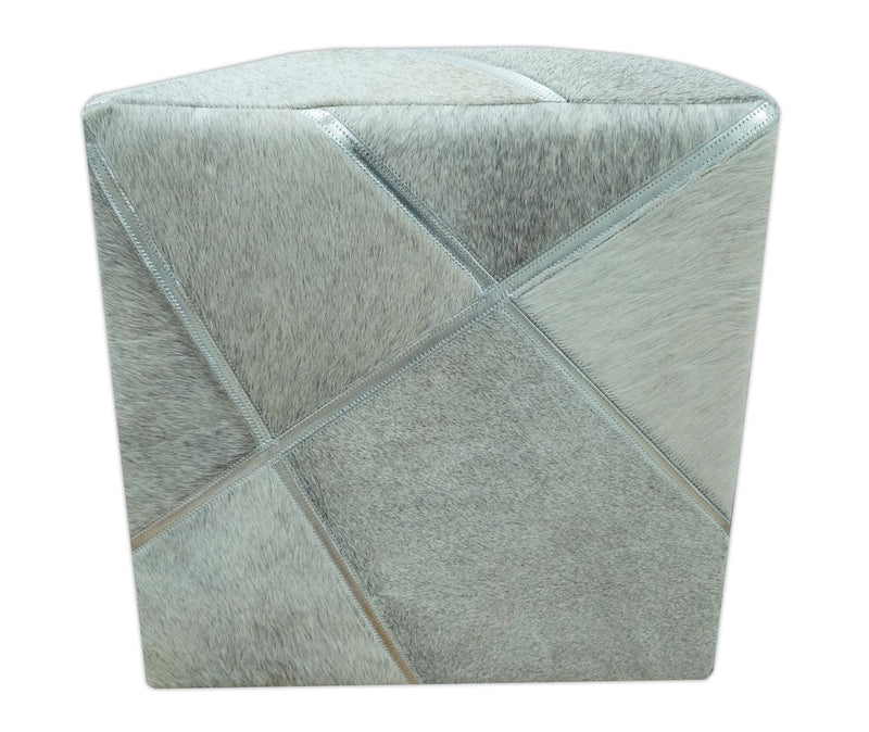 Modern Geometrical Shades of Gray and Ivory Genuine Leather Pouf - The Rug Decor