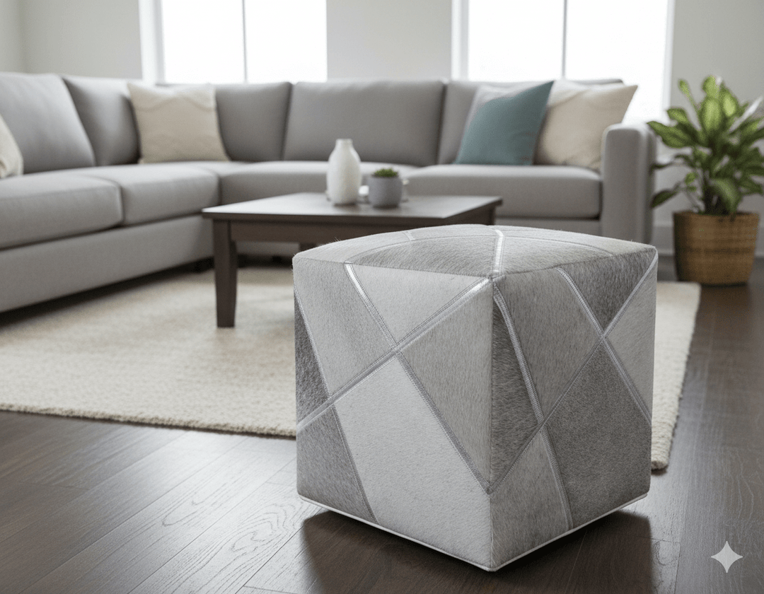 Modern Geometrical Shades of Gray and Ivory Genuine Leather Pouf - The Rug Decor