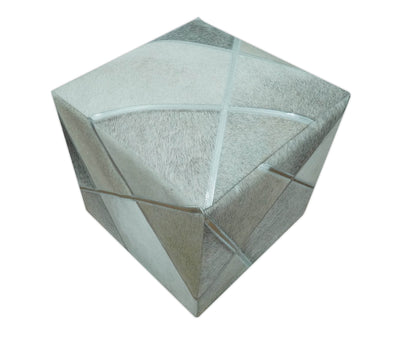 Modern Geometrical Shades of Gray and Ivory Genuine Leather Pouf - The Rug Decor