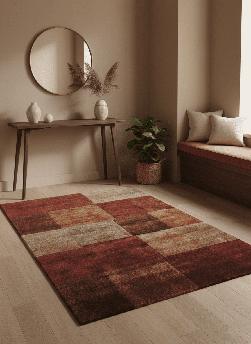 Modern Geometrical Square Shades of Brown Hand Knotted Stripes texture 4.6x6.6 wool and art silk Area rug - The Rug Decor
