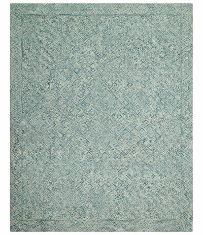 Modern Geometrical Teal and Ivory Hand Tufted Custom Made wool area rug - The Rug Decor