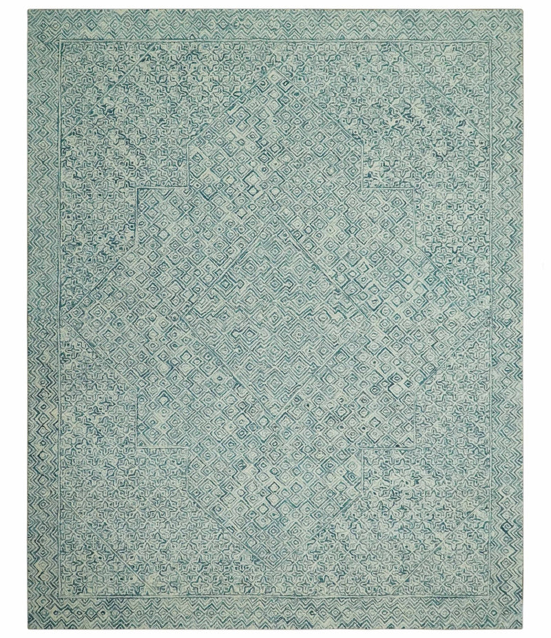 Modern Geometrical Teal and Ivory Hand Tufted Custom Made wool area rug - The Rug Decor