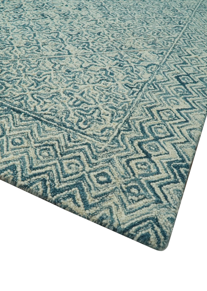 Modern Geometrical Teal and Ivory Hand Tufted Custom Made wool area rug - The Rug Decor