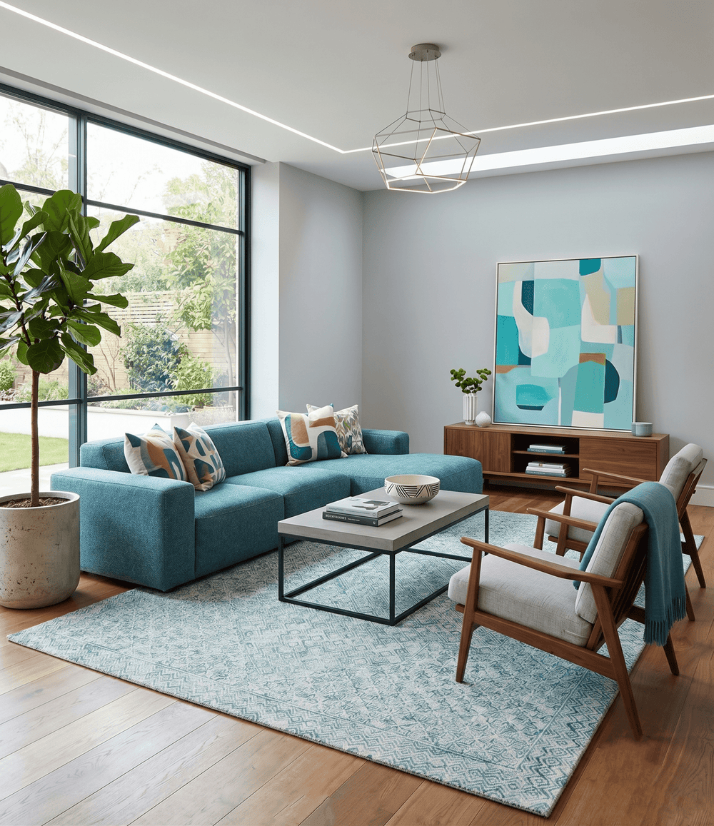 Modern Geometrical Teal and Ivory Hand Tufted Custom Made wool area rug - The Rug Decor