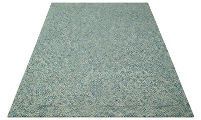 Modern Geometrical Teal and Ivory Hand Tufted Custom Made wool area rug - The Rug Decor