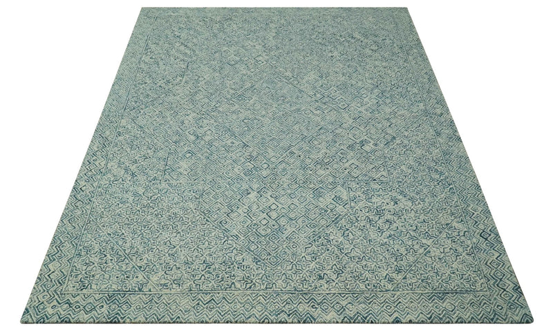 Modern Geometrical Teal and Ivory Hand Tufted Custom Made wool area rug - The Rug Decor