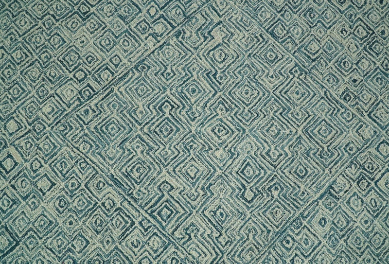 Modern Geometrical Teal and Ivory Hand Tufted Custom Made wool area rug - The Rug Decor