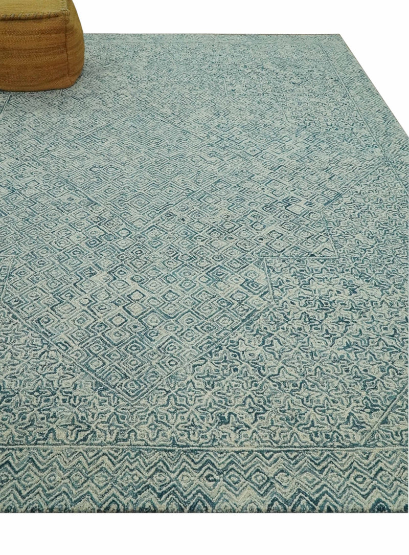 Modern Geometrical Teal and Ivory Hand Tufted Custom Made wool area rug - The Rug Decor