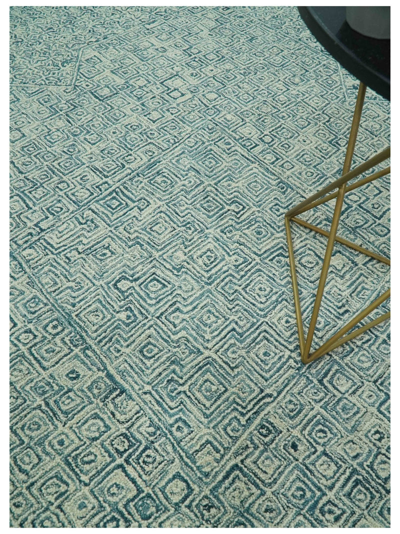 Modern Geometrical Teal and Ivory Hand Tufted Custom Made wool area rug - The Rug Decor