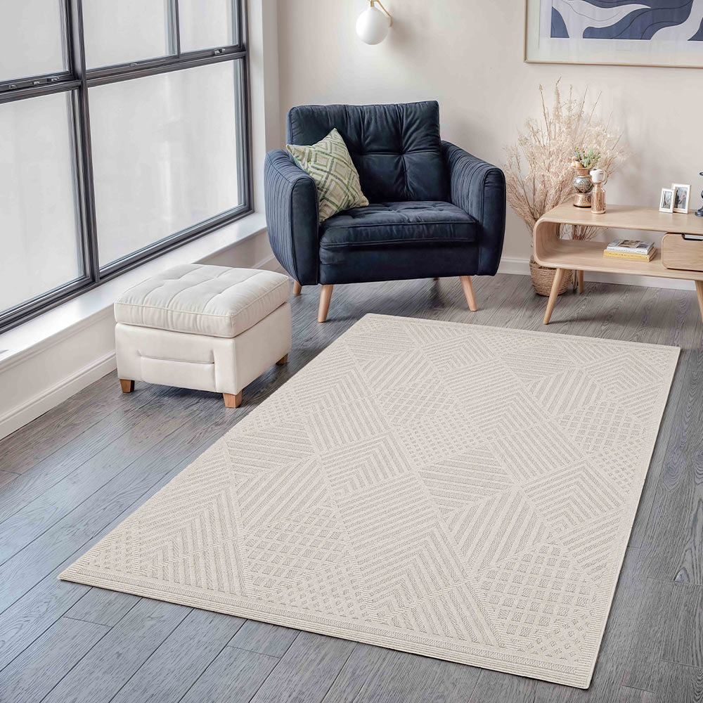 Modern Geometrical White Machine Washable Polypropylene Rug - The Rug Decor