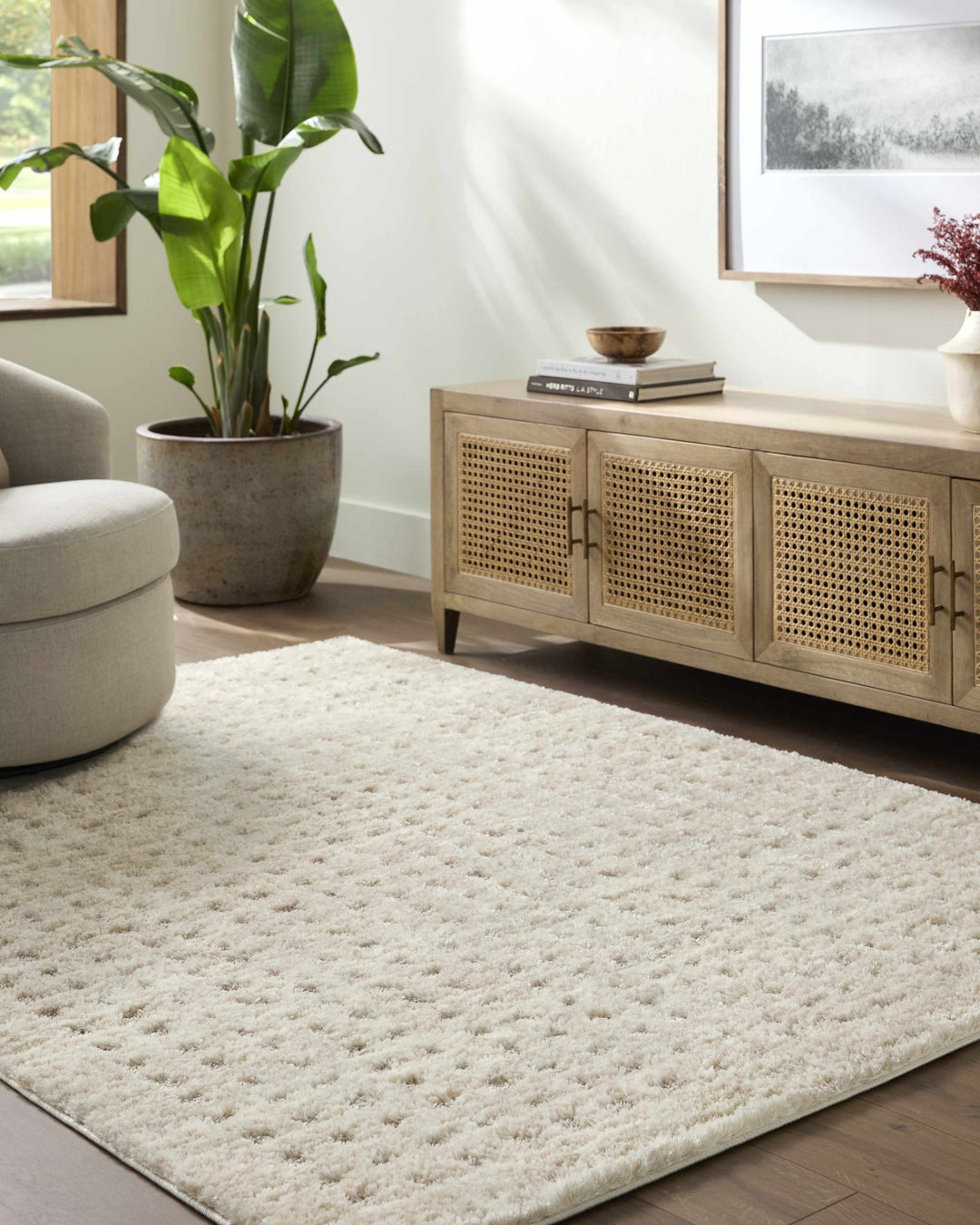 Modern Grid Pattern Ivory Machine Woven Rug