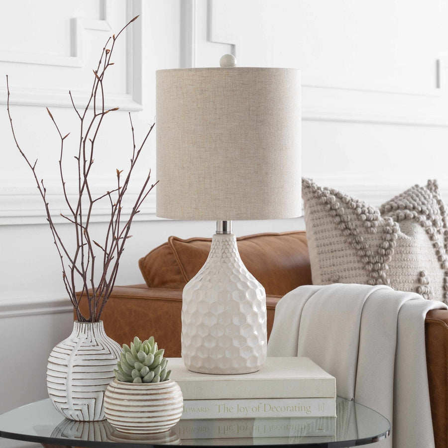 Modern Ivory and Beige Textured Ceramic Table Lamp - The Rug Decor