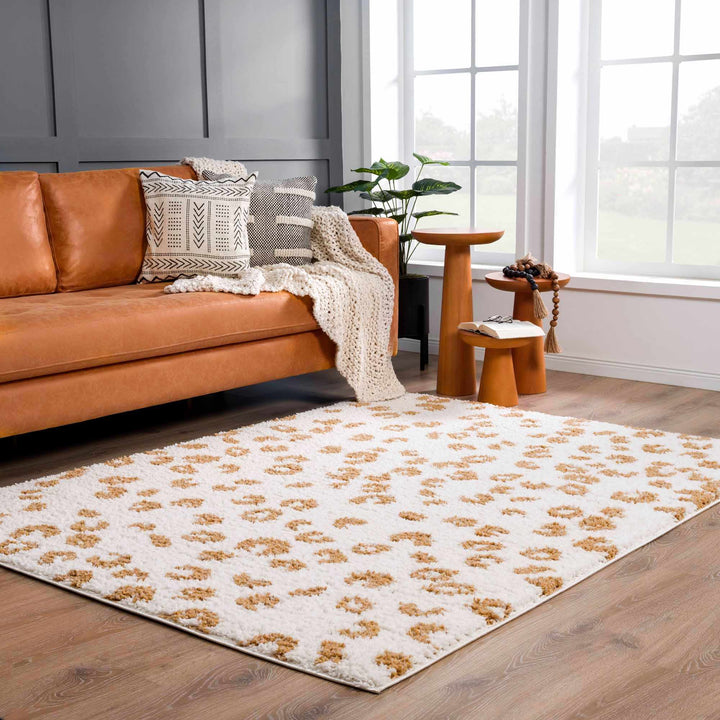 Modern Ivory and Gold Leopard Print Plush Pile Moroccan Style Area Rug - The Rug Decor