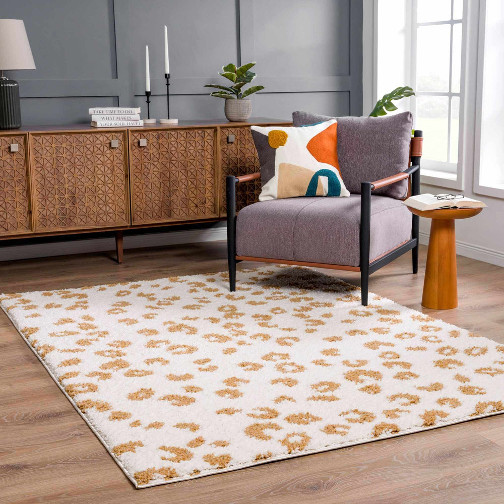 Modern Ivory and Gold Leopard Print Plush Pile Moroccan Style Area Rug - The Rug Decor