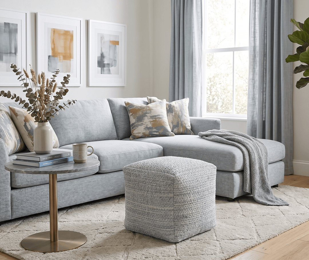 Modern Ivory and Gray Handwoven Viscose Pouf - The Rug Decor