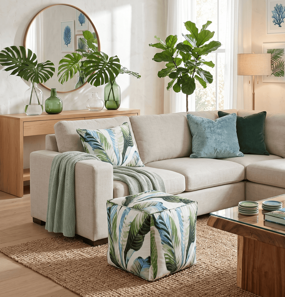 Modern Leaf Pattern Green And White Polyester Pouf - The Rug Decor