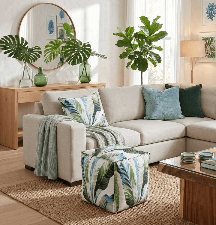 Modern Leaf Pattern Green And White Polyester Pouf - The Rug Decor