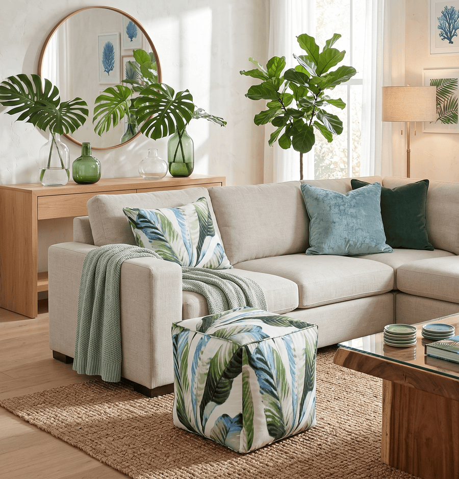 Modern Leaf Pattern Green And White Polyester Pouf - The Rug Decor