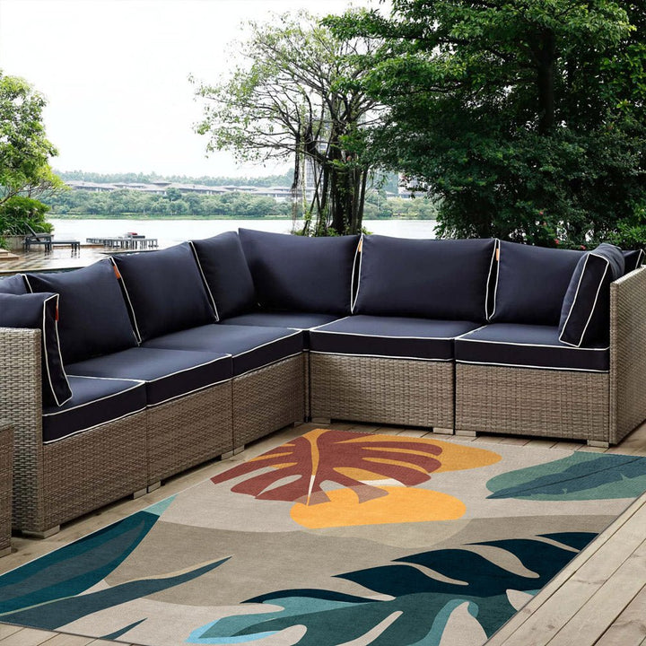 Modern Leaves Beige Machine Washable Cotton Area Rug - The Rug Decor