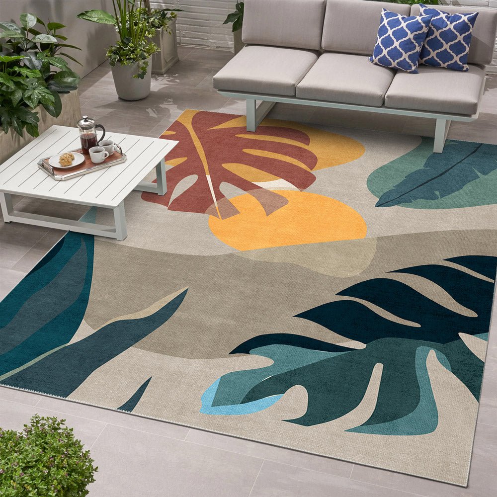 Modern Leaves Beige Machine Washable Cotton Area Rug - The Rug Decor
