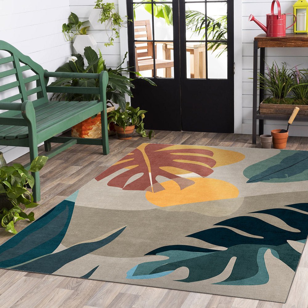 Modern Leaves Beige Machine Washable Cotton Area Rug - The Rug Decor