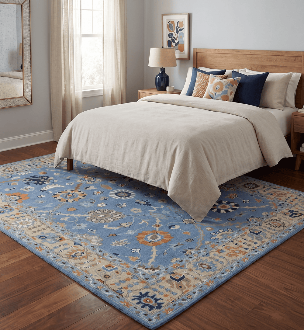 Modern Oushak Blue and Beige Hand Tufted Wool Area Rug - The Rug Decor