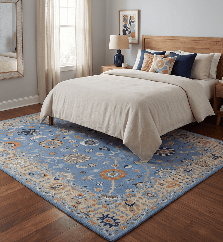Modern Oushak Blue and Beige Hand Tufted Wool Area Rug - The Rug Decor