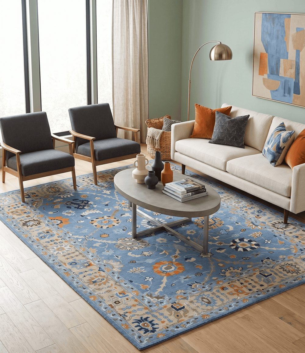 Modern Oushak Blue and Beige Hand Tufted Wool Area Rug - The Rug Decor