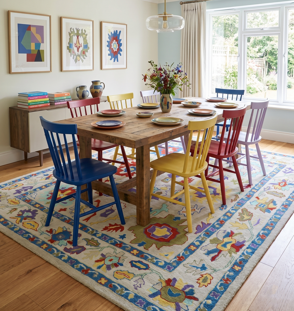 Modern Oushak Hand Tufted Ivory and Blue Colorful Rug - The Rug Decor
