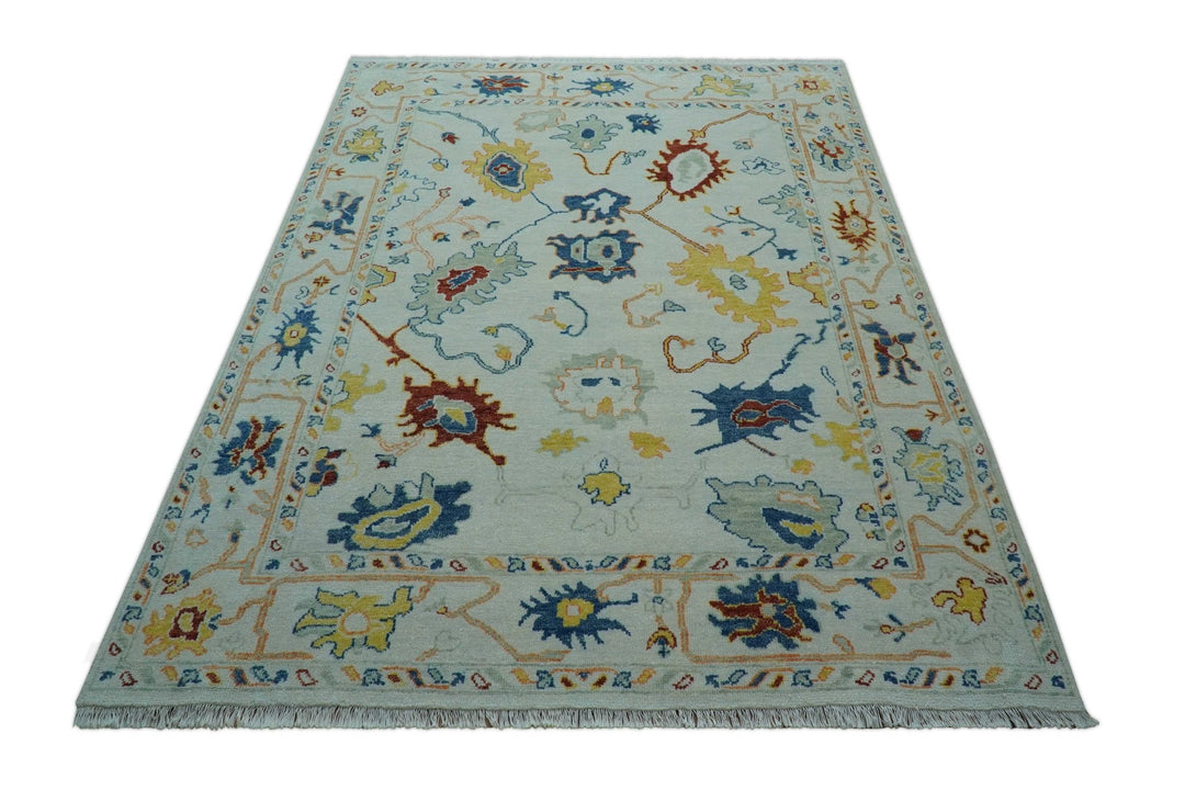 Modern Oushak Ivory And Blue Hand Knotted Wool Rug - The Rug Decor