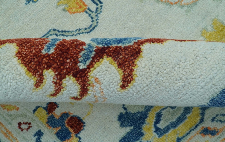 Modern Oushak Ivory And Blue Hand Knotted Wool Rug - The Rug Decor