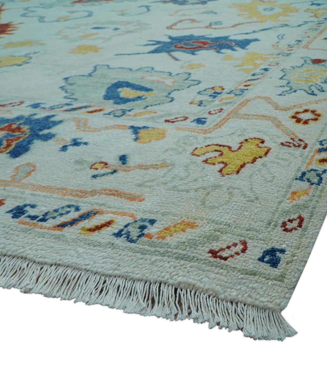Modern Oushak Ivory And Blue Hand Knotted Wool Rug - The Rug Decor
