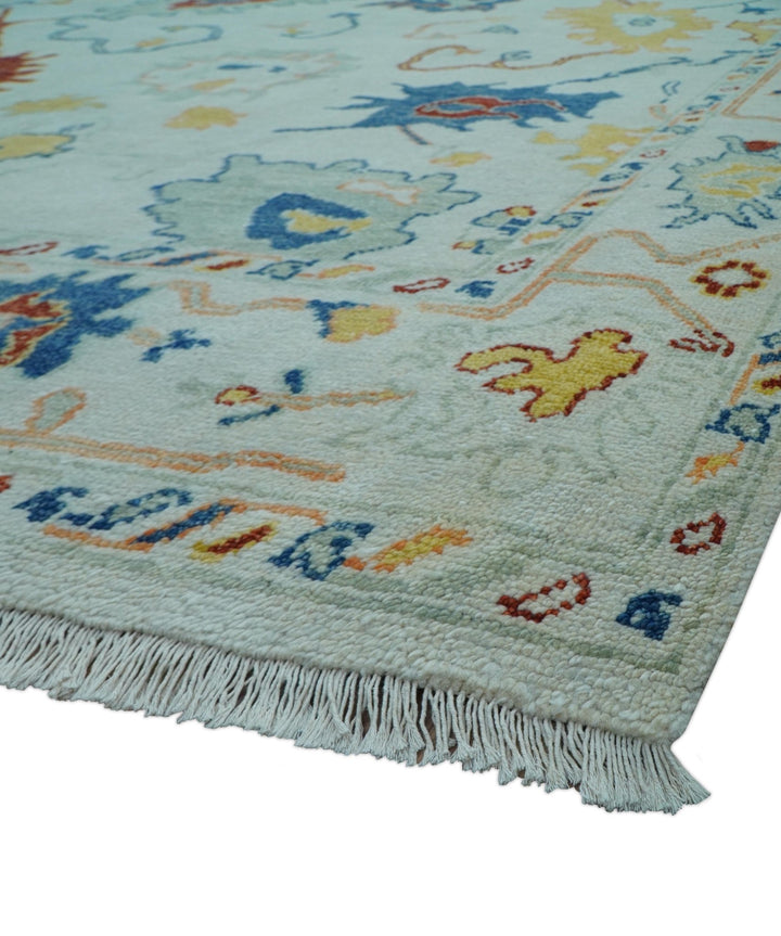 Modern Oushak Ivory And Blue Hand Knotted Wool Rug - The Rug Decor