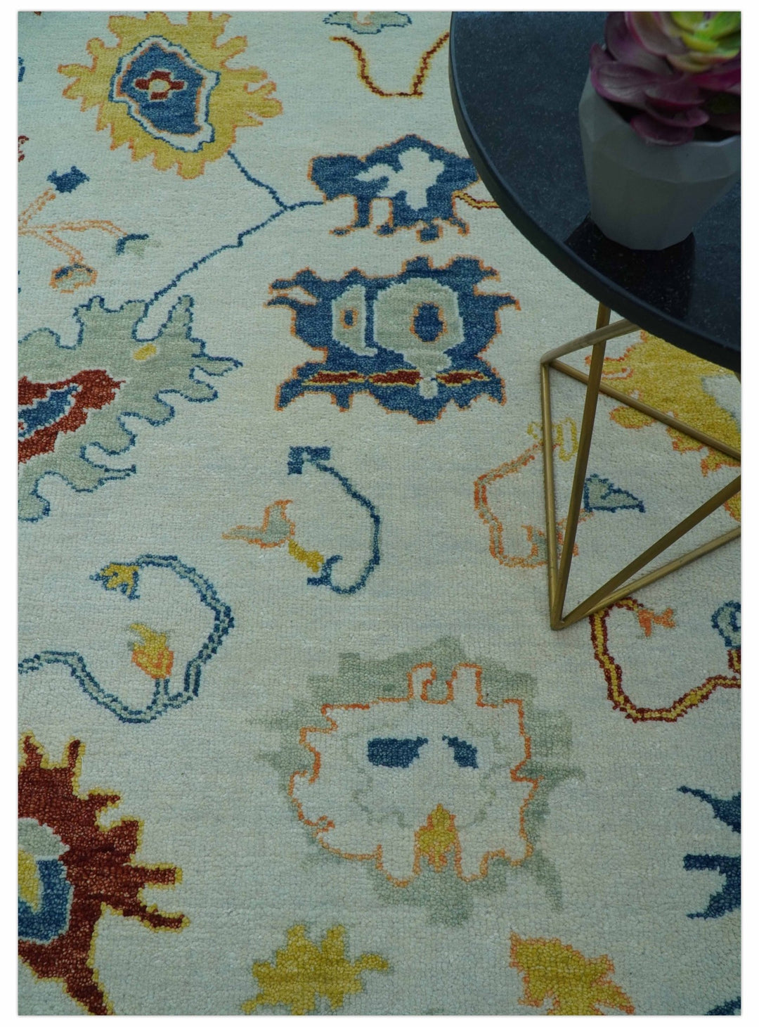 Modern Oushak Ivory And Blue Hand Knotted Wool Rug - The Rug Decor