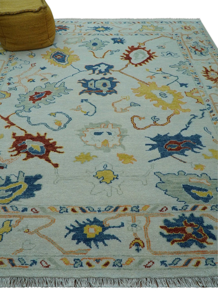 Modern Oushak Ivory And Blue Hand Knotted Wool Rug - The Rug Decor