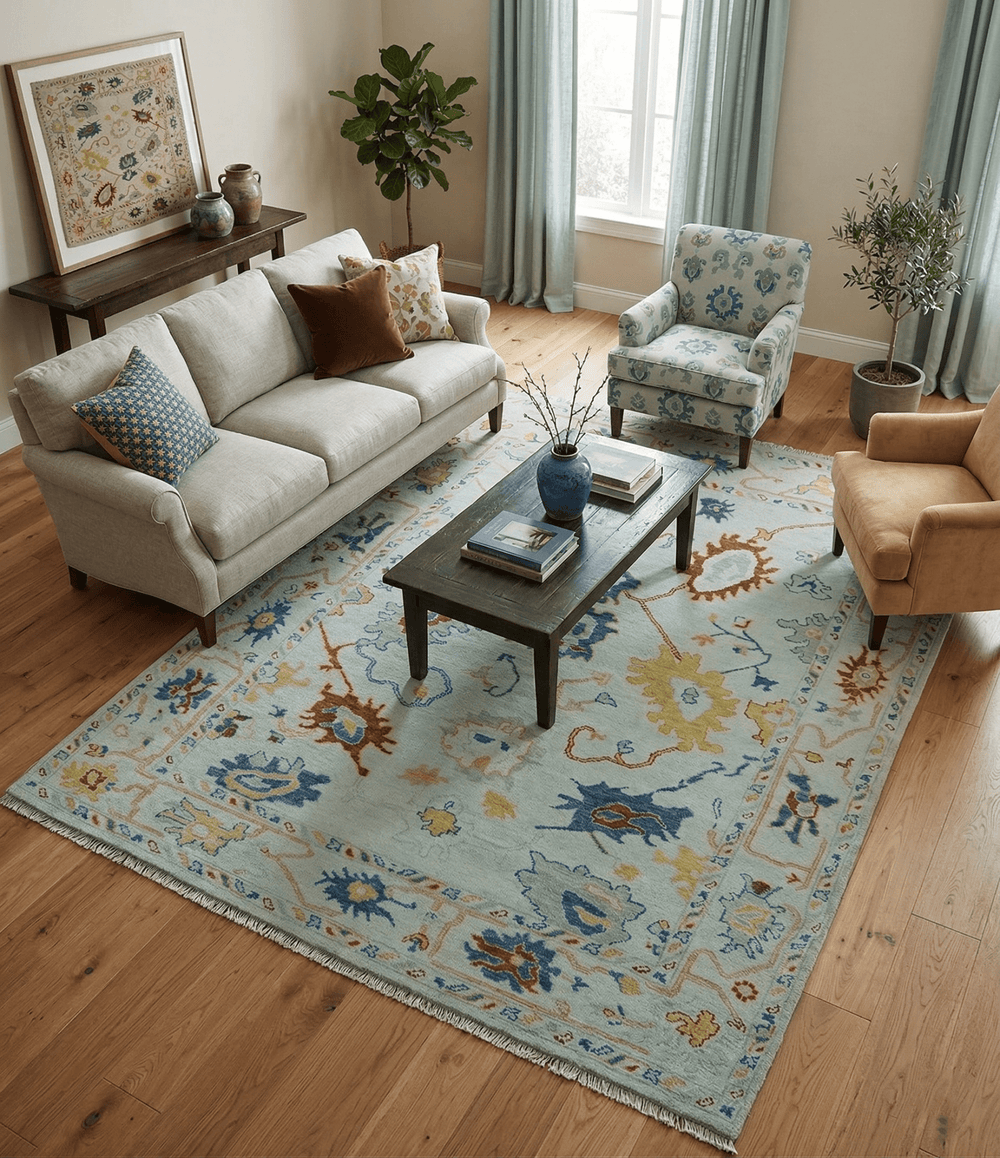 Modern Oushak Ivory And Blue Hand Knotted Wool Rug - The Rug Decor