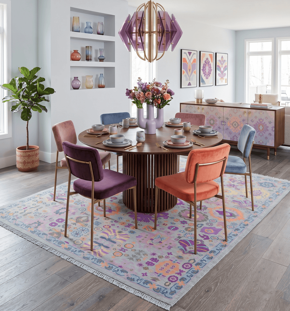 Modern Oushak Made to Order Purple And Ivory Hand Knotted Wool Rug - The Rug Decor