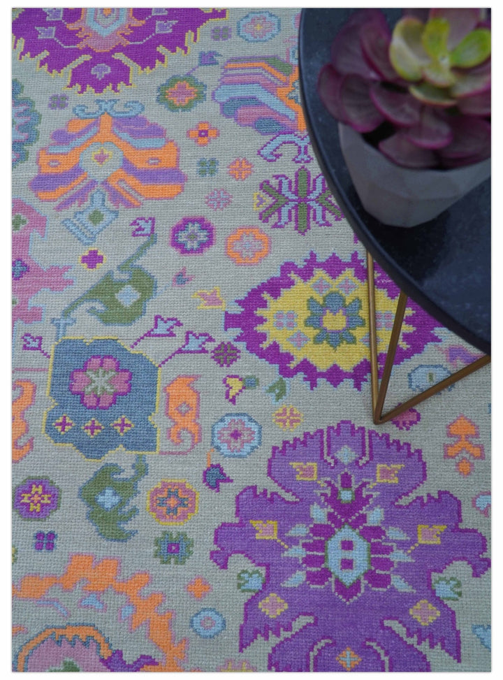 Modern Oushak Made to Order Purple And Ivory Hand Knotted Wool Rug - The Rug Decor