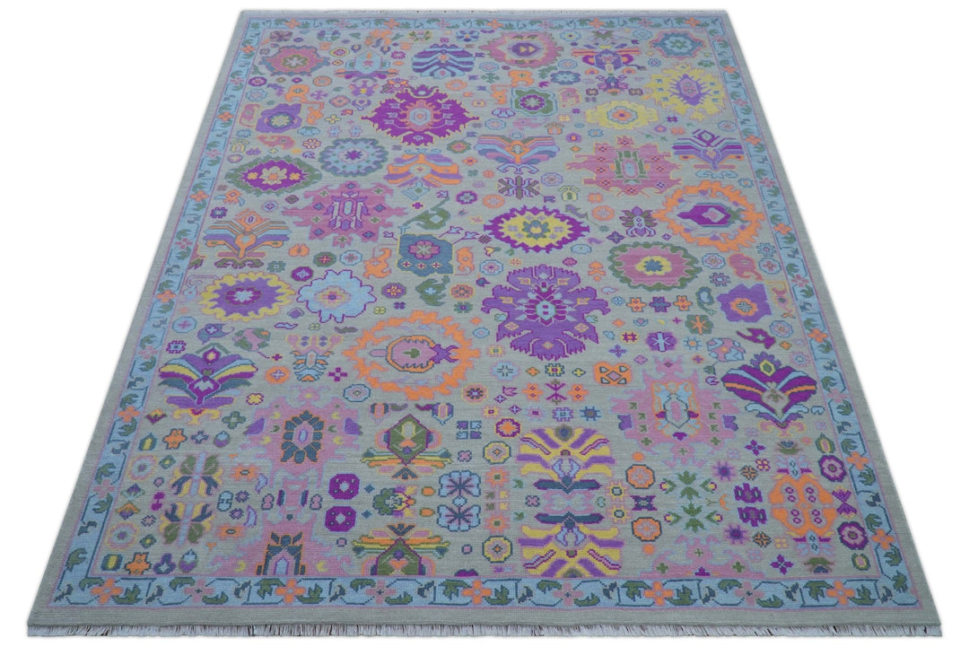 Modern Oushak Made to Order Purple And Ivory Hand Knotted Wool Rug - The Rug Decor