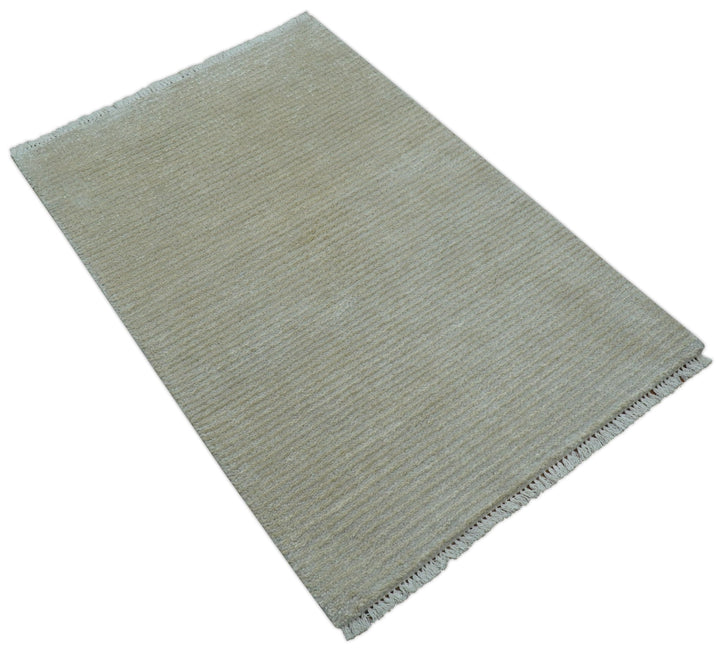 Modern Solid Design Beige Hand Knotted Wool And Silk Rug - The Rug Decor