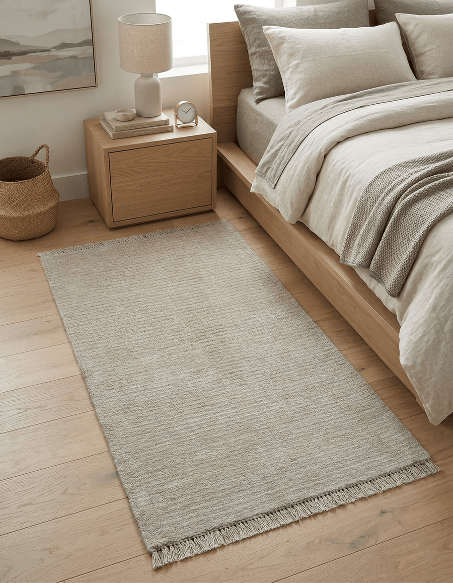 Modern Solid Design Beige Hand Knotted Wool And Silk Rug - The Rug Decor