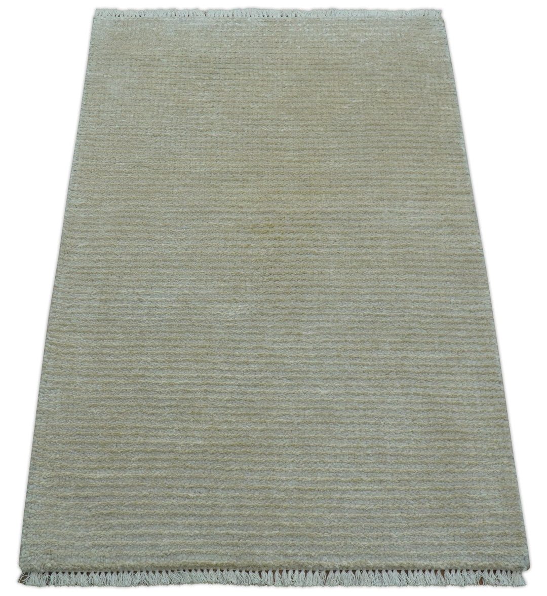 Modern Solid Design Beige Hand Knotted Wool And Silk Rug - The Rug Decor