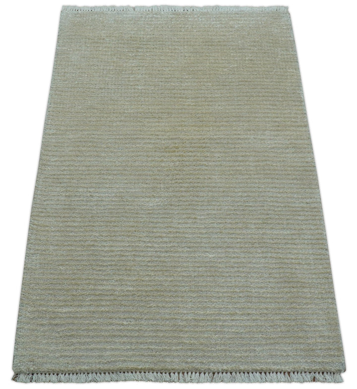 Modern Solid Design Beige Hand Knotted Wool And Silk Rug - The Rug Decor