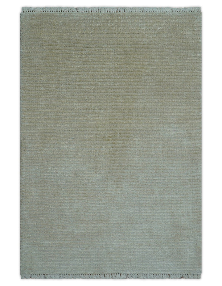 Modern Solid Design Beige Hand Knotted Wool And Silk Rug - The Rug Decor