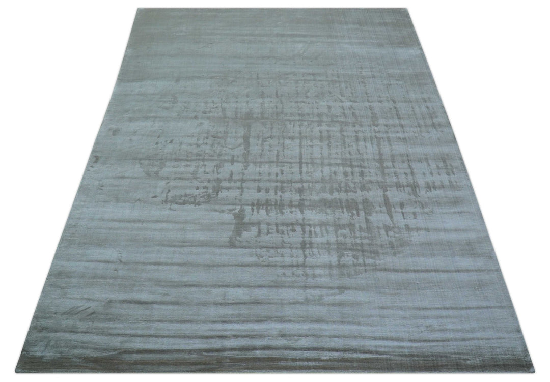Modern Solid Design Blue And Gray Hand Loom 9x12 Art Silk Area Rug - The Rug Decor